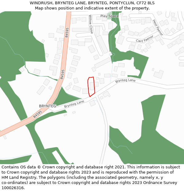 WINDRUSH, BRYNTEG LANE, BRYNTEG, PONTYCLUN, CF72 8LS: Location map and indicative extent of plot