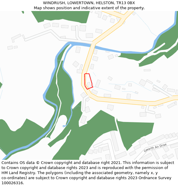 WINDRUSH, LOWERTOWN, HELSTON, TR13 0BX: Location map and indicative extent of plot