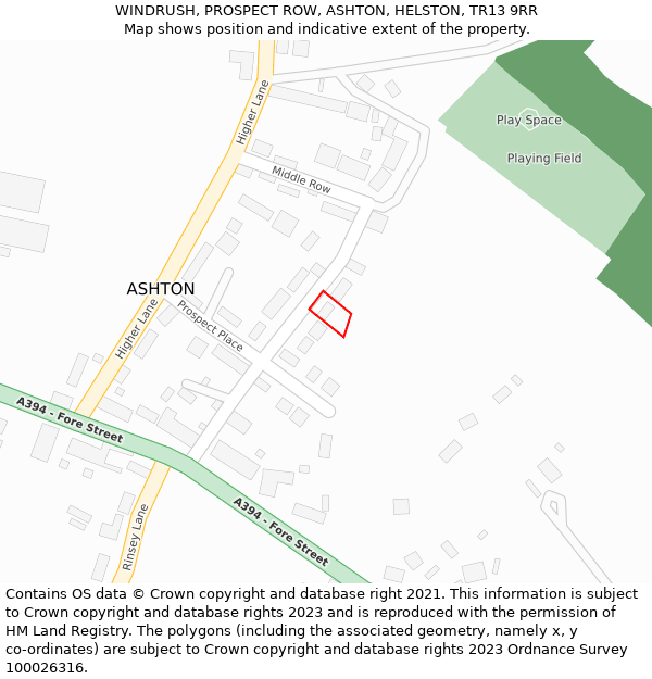 WINDRUSH, PROSPECT ROW, ASHTON, HELSTON, TR13 9RR: Location map and indicative extent of plot