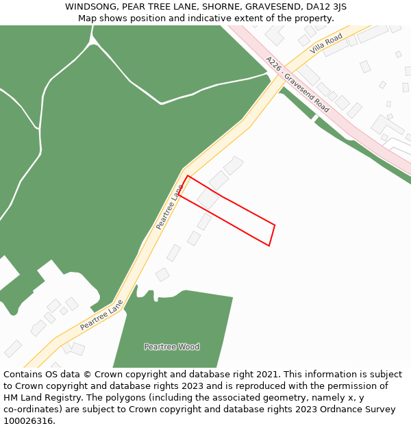 WINDSONG, PEAR TREE LANE, SHORNE, GRAVESEND, DA12 3JS: Location map and indicative extent of plot