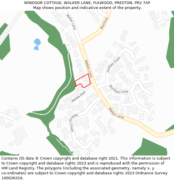 WINDSOR COTTAGE, WALKER LANE, FULWOOD, PRESTON, PR2 7AP: Location map and indicative extent of plot
