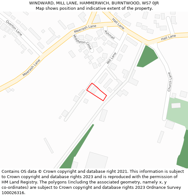 WINDWARD, MILL LANE, HAMMERWICH, BURNTWOOD, WS7 0JR: Location map and indicative extent of plot