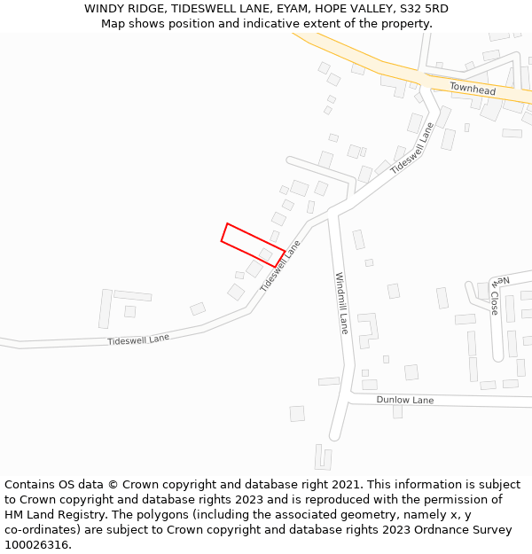 WINDY RIDGE, TIDESWELL LANE, EYAM, HOPE VALLEY, S32 5RD: Location map and indicative extent of plot