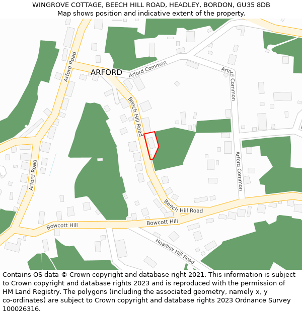 WINGROVE COTTAGE, BEECH HILL ROAD, HEADLEY, BORDON, GU35 8DB: Location map and indicative extent of plot
