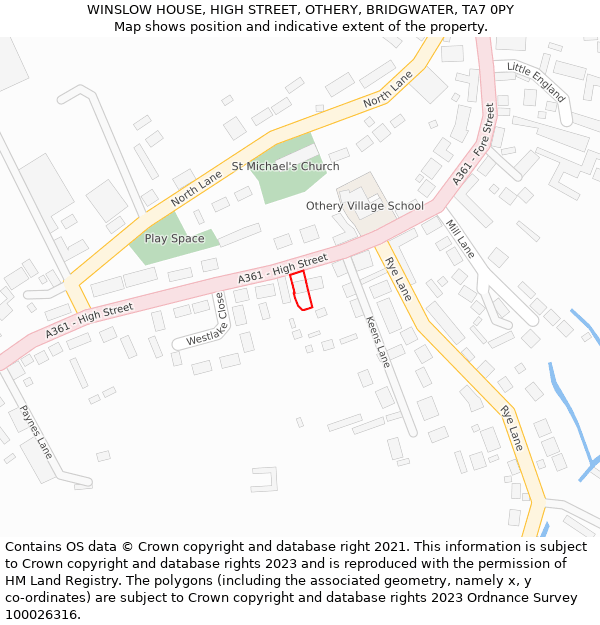 WINSLOW HOUSE, HIGH STREET, OTHERY, BRIDGWATER, TA7 0PY: Location map and indicative extent of plot