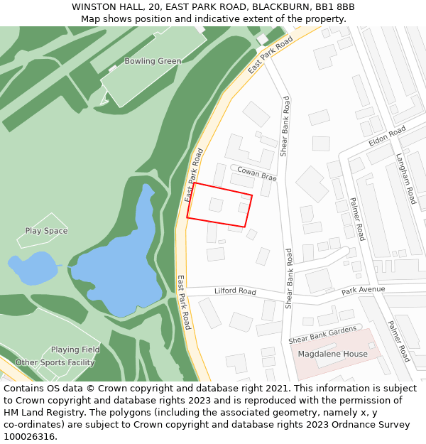 WINSTON HALL, 20, EAST PARK ROAD, BLACKBURN, BB1 8BB: Location map and indicative extent of plot