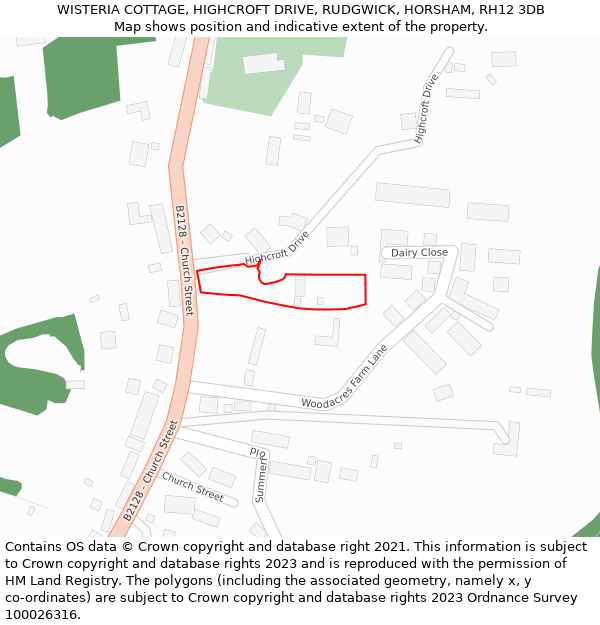 WISTERIA COTTAGE, HIGHCROFT DRIVE, RUDGWICK, HORSHAM, RH12 3DB: Location map and indicative extent of plot