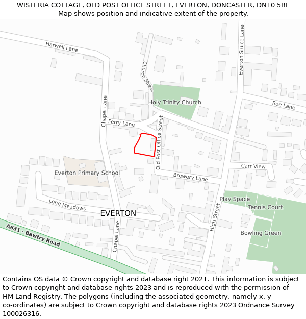 WISTERIA COTTAGE, OLD POST OFFICE STREET, EVERTON, DONCASTER, DN10 5BE: Location map and indicative extent of plot