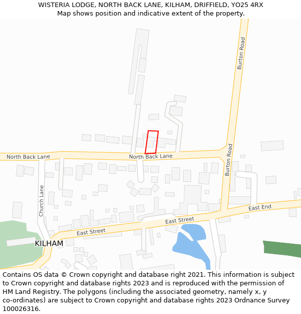 WISTERIA LODGE, NORTH BACK LANE, KILHAM, DRIFFIELD, YO25 4RX: Location map and indicative extent of plot