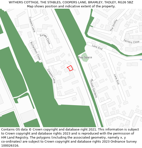 WITHERS COTTAGE, THE STABLES, COOPERS LANE, BRAMLEY, TADLEY, RG26 5BZ: Location map and indicative extent of plot