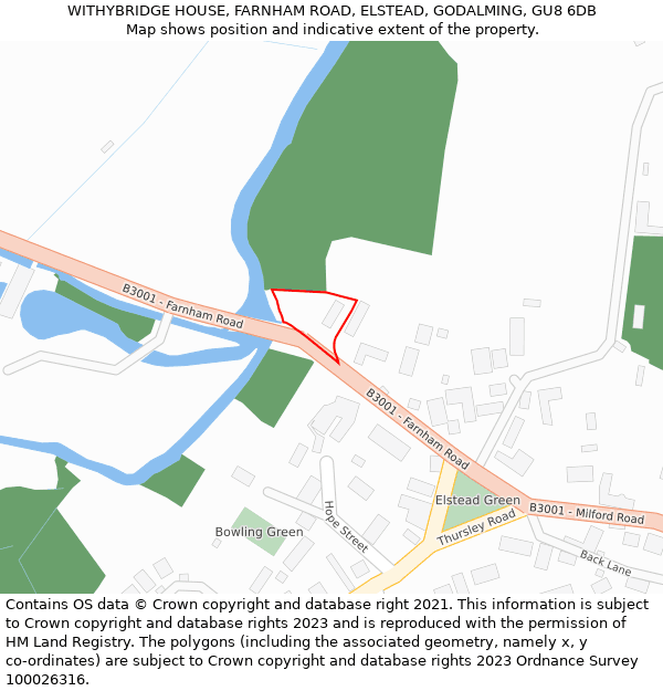 WITHYBRIDGE HOUSE, FARNHAM ROAD, ELSTEAD, GODALMING, GU8 6DB: Location map and indicative extent of plot