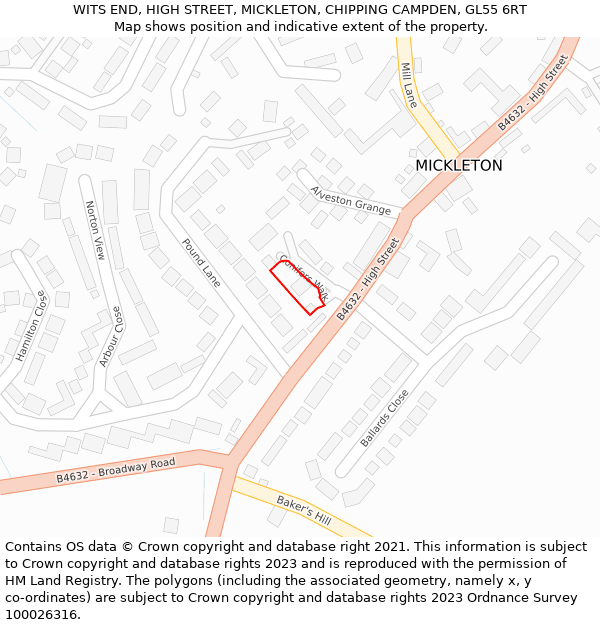 WITS END, HIGH STREET, MICKLETON, CHIPPING CAMPDEN, GL55 6RT: Location map and indicative extent of plot