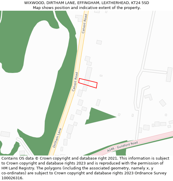 WIXWOOD, DIRTHAM LANE, EFFINGHAM, LEATHERHEAD, KT24 5SD: Location map and indicative extent of plot