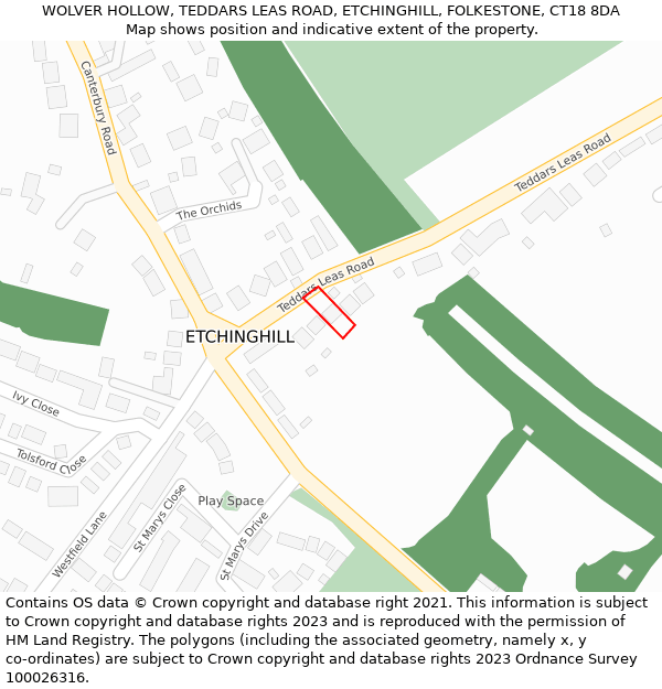 WOLVER HOLLOW, TEDDARS LEAS ROAD, ETCHINGHILL, FOLKESTONE, CT18 8DA: Location map and indicative extent of plot