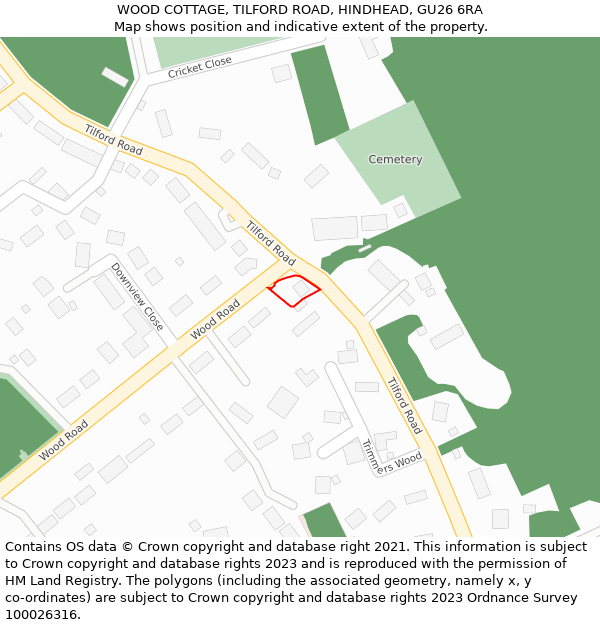 WOOD COTTAGE, TILFORD ROAD, HINDHEAD, GU26 6RA: Location map and indicative extent of plot