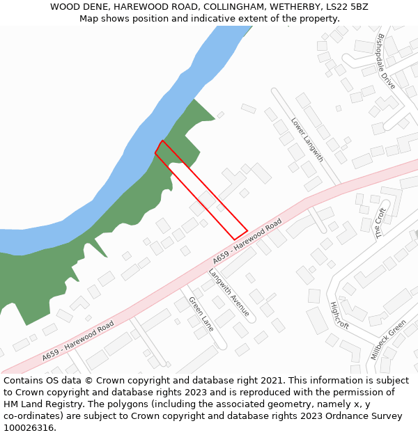 WOOD DENE, HAREWOOD ROAD, COLLINGHAM, WETHERBY, LS22 5BZ: Location map and indicative extent of plot