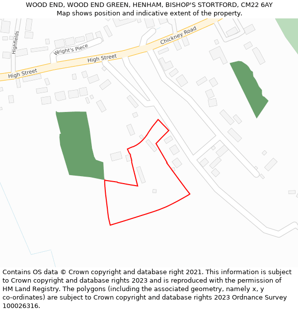 WOOD END, WOOD END GREEN, HENHAM, BISHOP'S STORTFORD, CM22 6AY: Location map and indicative extent of plot