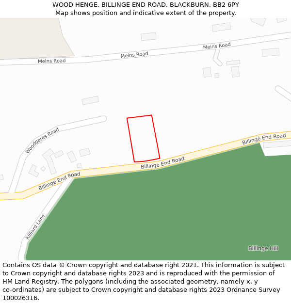 WOOD HENGE, BILLINGE END ROAD, BLACKBURN, BB2 6PY: Location map and indicative extent of plot