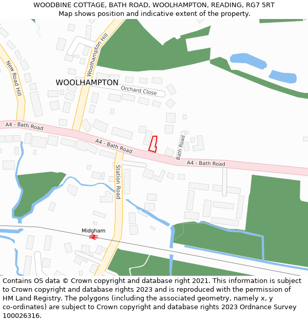 WOODBINE COTTAGE, BATH ROAD, WOOLHAMPTON, READING, RG7 5RT: Location map and indicative extent of plot