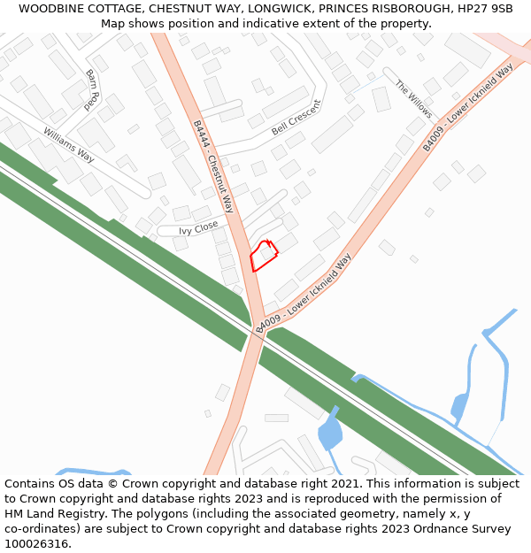 WOODBINE COTTAGE, CHESTNUT WAY, LONGWICK, PRINCES RISBOROUGH, HP27 9SB: Location map and indicative extent of plot