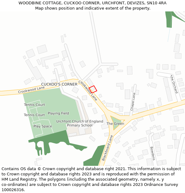 WOODBINE COTTAGE, CUCKOO CORNER, URCHFONT, DEVIZES, SN10 4RA: Location map and indicative extent of plot