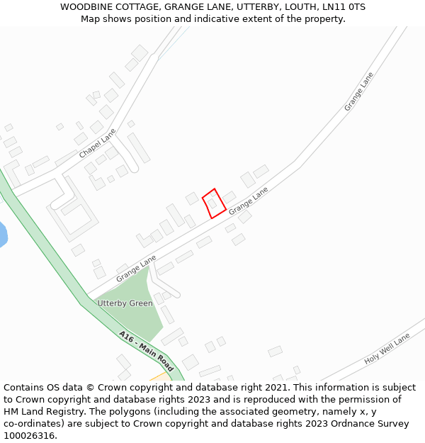 WOODBINE COTTAGE, GRANGE LANE, UTTERBY, LOUTH, LN11 0TS: Location map and indicative extent of plot