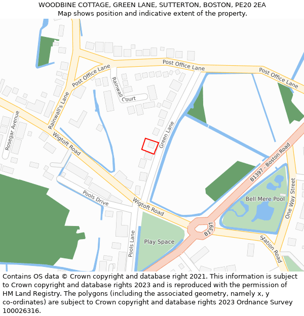 WOODBINE COTTAGE, GREEN LANE, SUTTERTON, BOSTON, PE20 2EA: Location map and indicative extent of plot