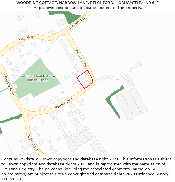 WOODBINE COTTAGE, NARROW LANE, BELCHFORD, HORNCASTLE, LN9 6LE: Location map and indicative extent of plot