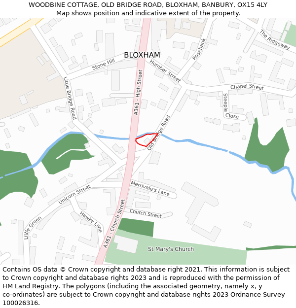 WOODBINE COTTAGE, OLD BRIDGE ROAD, BLOXHAM, BANBURY, OX15 4LY: Location map and indicative extent of plot