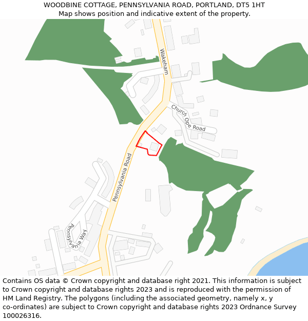 WOODBINE COTTAGE, PENNSYLVANIA ROAD, PORTLAND, DT5 1HT: Location map and indicative extent of plot