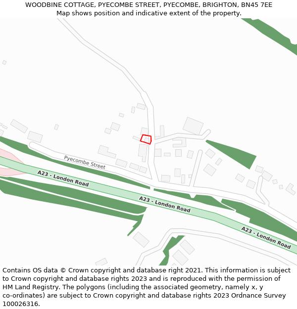 WOODBINE COTTAGE, PYECOMBE STREET, PYECOMBE, BRIGHTON, BN45 7EE: Location map and indicative extent of plot