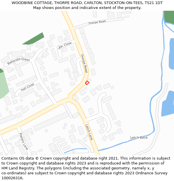 WOODBINE COTTAGE, THORPE ROAD, CARLTON, STOCKTON-ON-TEES, TS21 1DT: Location map and indicative extent of plot