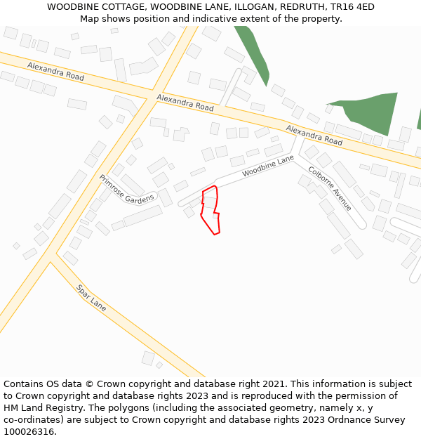 WOODBINE COTTAGE, WOODBINE LANE, ILLOGAN, REDRUTH, TR16 4ED: Location map and indicative extent of plot