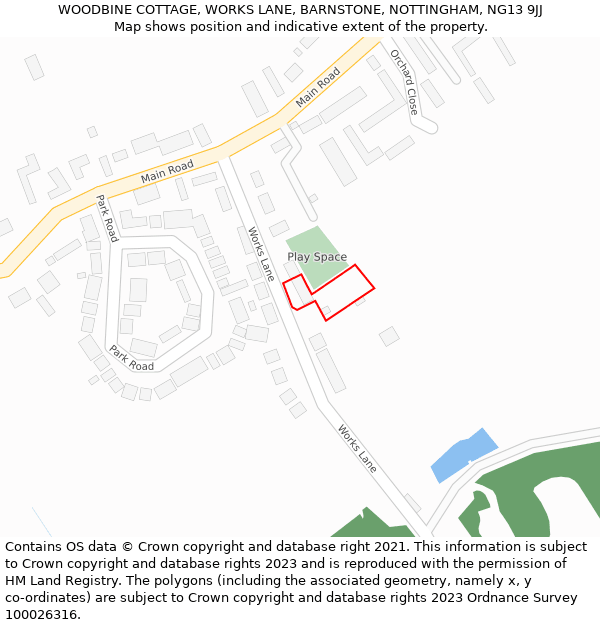 WOODBINE COTTAGE, WORKS LANE, BARNSTONE, NOTTINGHAM, NG13 9JJ: Location map and indicative extent of plot