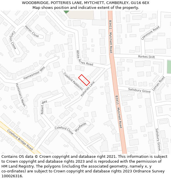 WOODBRIDGE, POTTERIES LANE, MYTCHETT, CAMBERLEY, GU16 6EX: Location map and indicative extent of plot