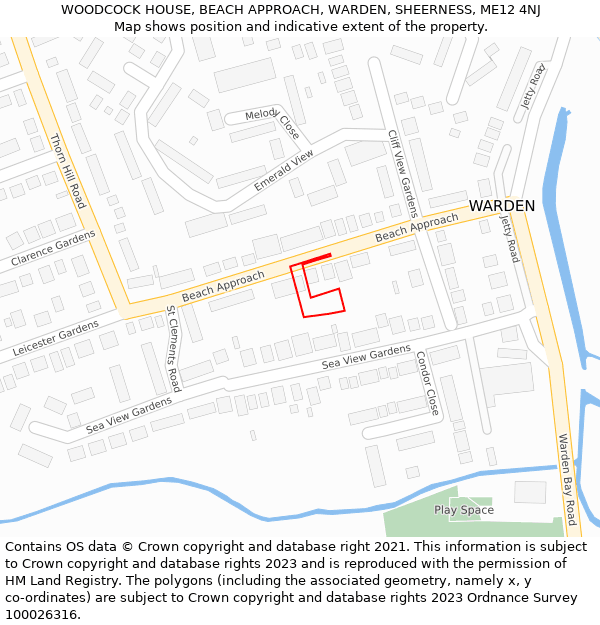 WOODCOCK HOUSE, BEACH APPROACH, WARDEN, SHEERNESS, ME12 4NJ: Location map and indicative extent of plot