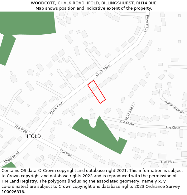 WOODCOTE, CHALK ROAD, IFOLD, BILLINGSHURST, RH14 0UE: Location map and indicative extent of plot