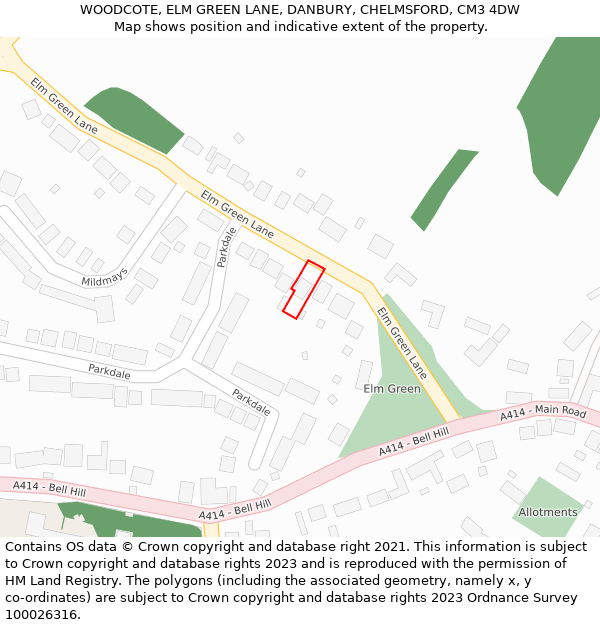 WOODCOTE, ELM GREEN LANE, DANBURY, CHELMSFORD, CM3 4DW: Location map and indicative extent of plot