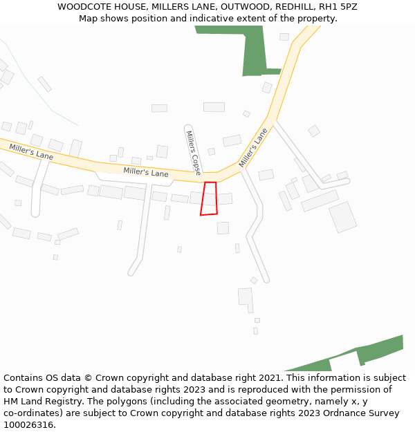 WOODCOTE HOUSE, MILLERS LANE, OUTWOOD, REDHILL, RH1 5PZ: Location map and indicative extent of plot