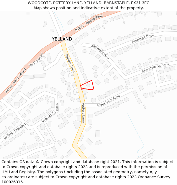 WOODCOTE, POTTERY LANE, YELLAND, BARNSTAPLE, EX31 3EG: Location map and indicative extent of plot