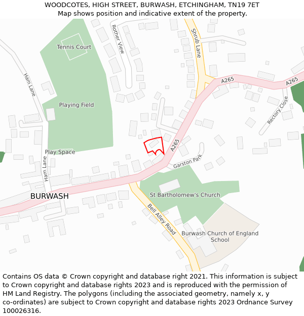 WOODCOTES, HIGH STREET, BURWASH, ETCHINGHAM, TN19 7ET: Location map and indicative extent of plot