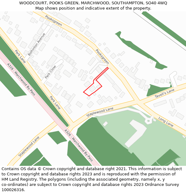 WOODCOURT, POOKS GREEN, MARCHWOOD, SOUTHAMPTON, SO40 4WQ: Location map and indicative extent of plot