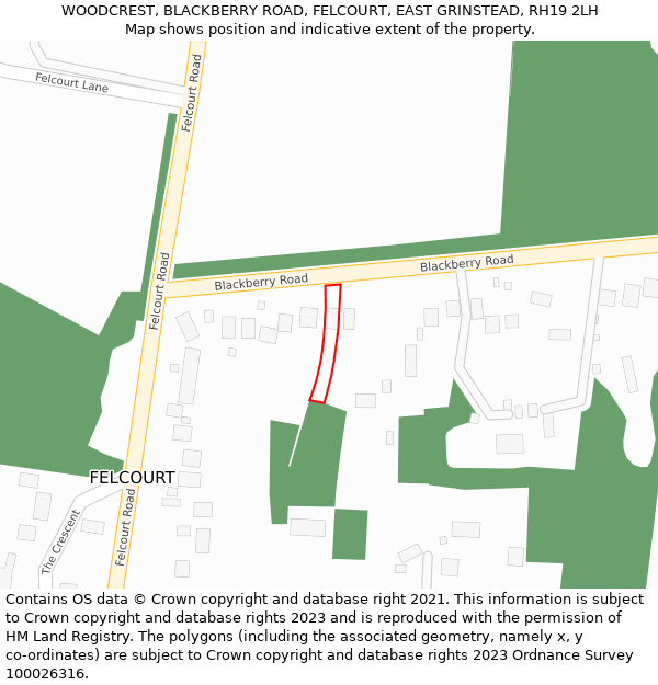 WOODCREST, BLACKBERRY ROAD, FELCOURT, EAST GRINSTEAD, RH19 2LH: Location map and indicative extent of plot