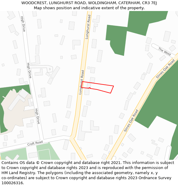 WOODCREST, LUNGHURST ROAD, WOLDINGHAM, CATERHAM, CR3 7EJ: Location map and indicative extent of plot