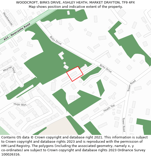 WOODCROFT, BIRKS DRIVE, ASHLEY HEATH, MARKET DRAYTON, TF9 4PX: Location map and indicative extent of plot