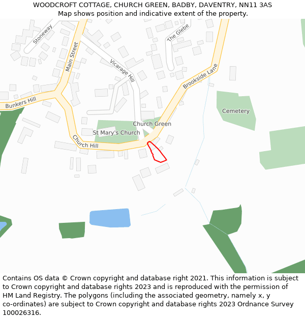 WOODCROFT COTTAGE, CHURCH GREEN, BADBY, DAVENTRY, NN11 3AS: Location map and indicative extent of plot