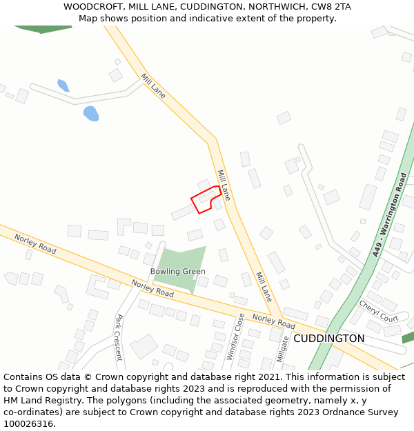 WOODCROFT, MILL LANE, CUDDINGTON, NORTHWICH, CW8 2TA: Location map and indicative extent of plot