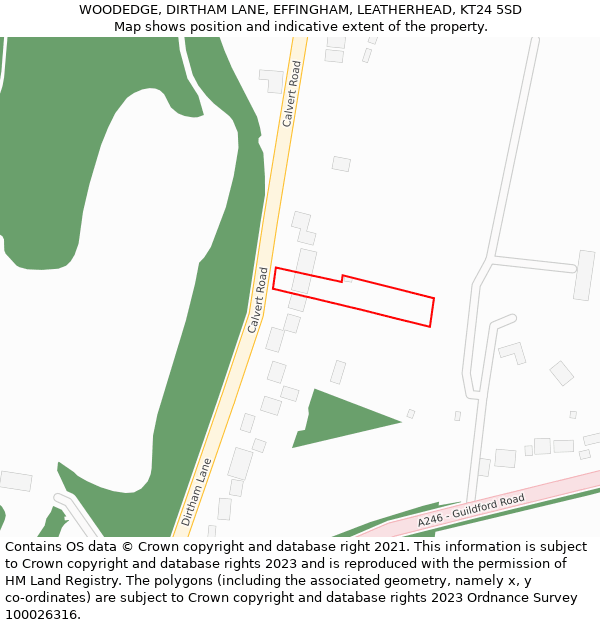 WOODEDGE, DIRTHAM LANE, EFFINGHAM, LEATHERHEAD, KT24 5SD: Location map and indicative extent of plot