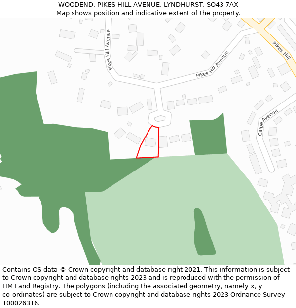 WOODEND, PIKES HILL AVENUE, LYNDHURST, SO43 7AX: Location map and indicative extent of plot