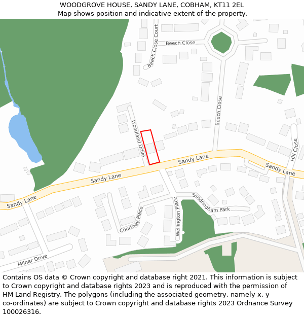 WOODGROVE HOUSE, SANDY LANE, COBHAM, KT11 2EL: Location map and indicative extent of plot